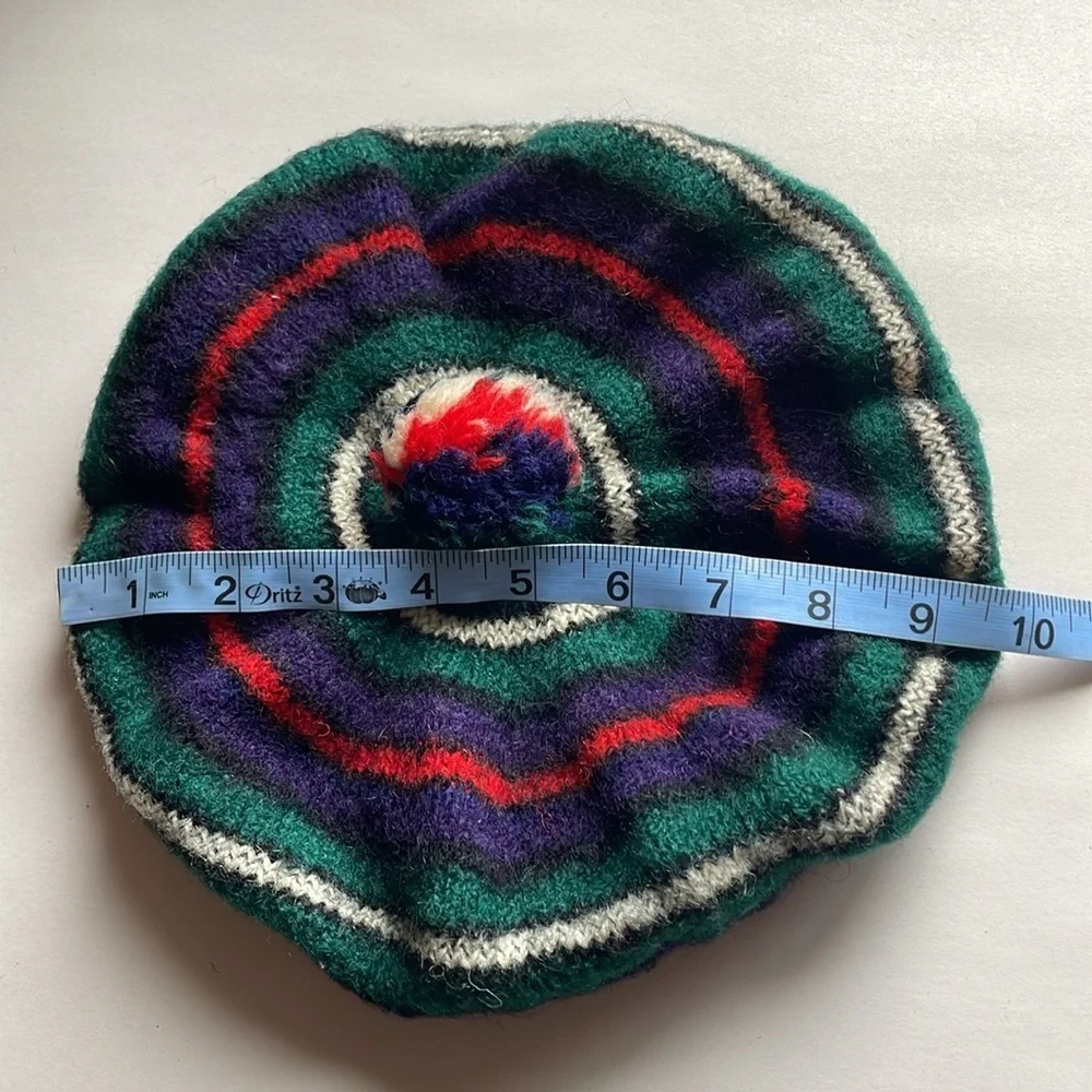 VTG Striped Knit Tam Beret Green Wool Pom Scotland MacKenzie Hat Cap Stripe Navy